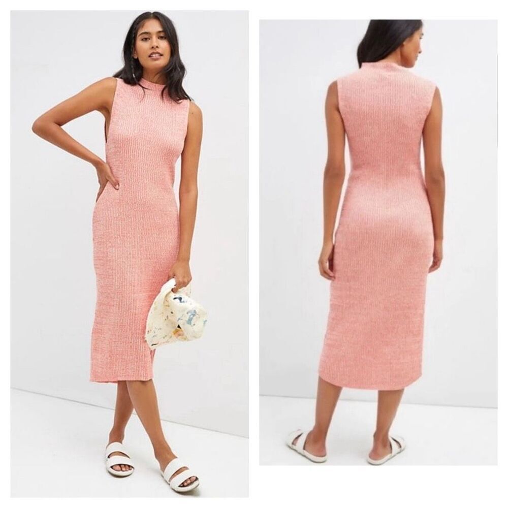 Anthropologie Daily Practice Mock Neck Ribbed Knit Midi Dress Sz XS Orange coral